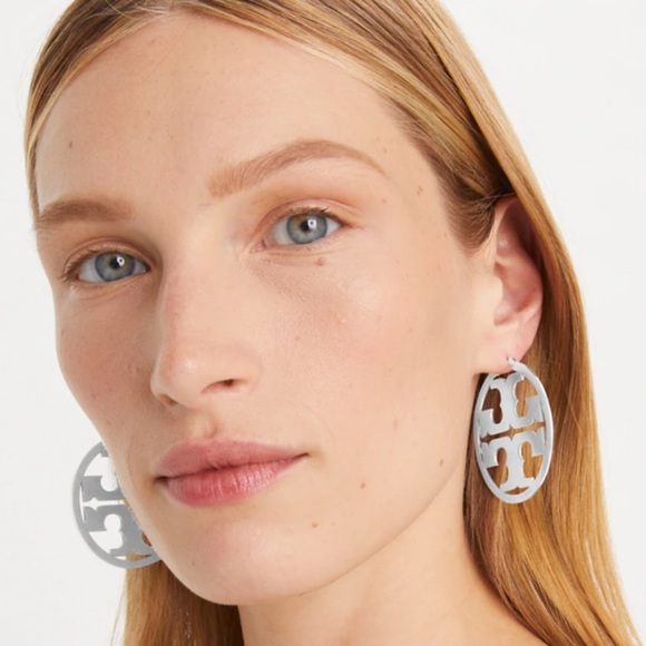 TORY BURCH • Silver Miller Logo Hoop Earrings - Picture 2 of 5